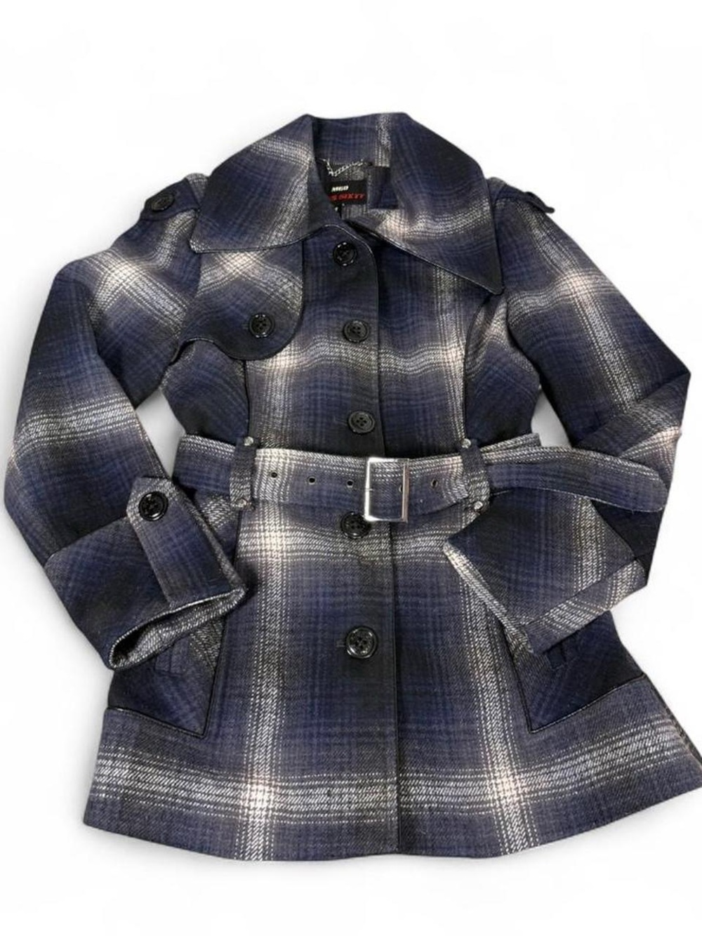 Miss Sixty Navy Plaid Belted Trench Coat